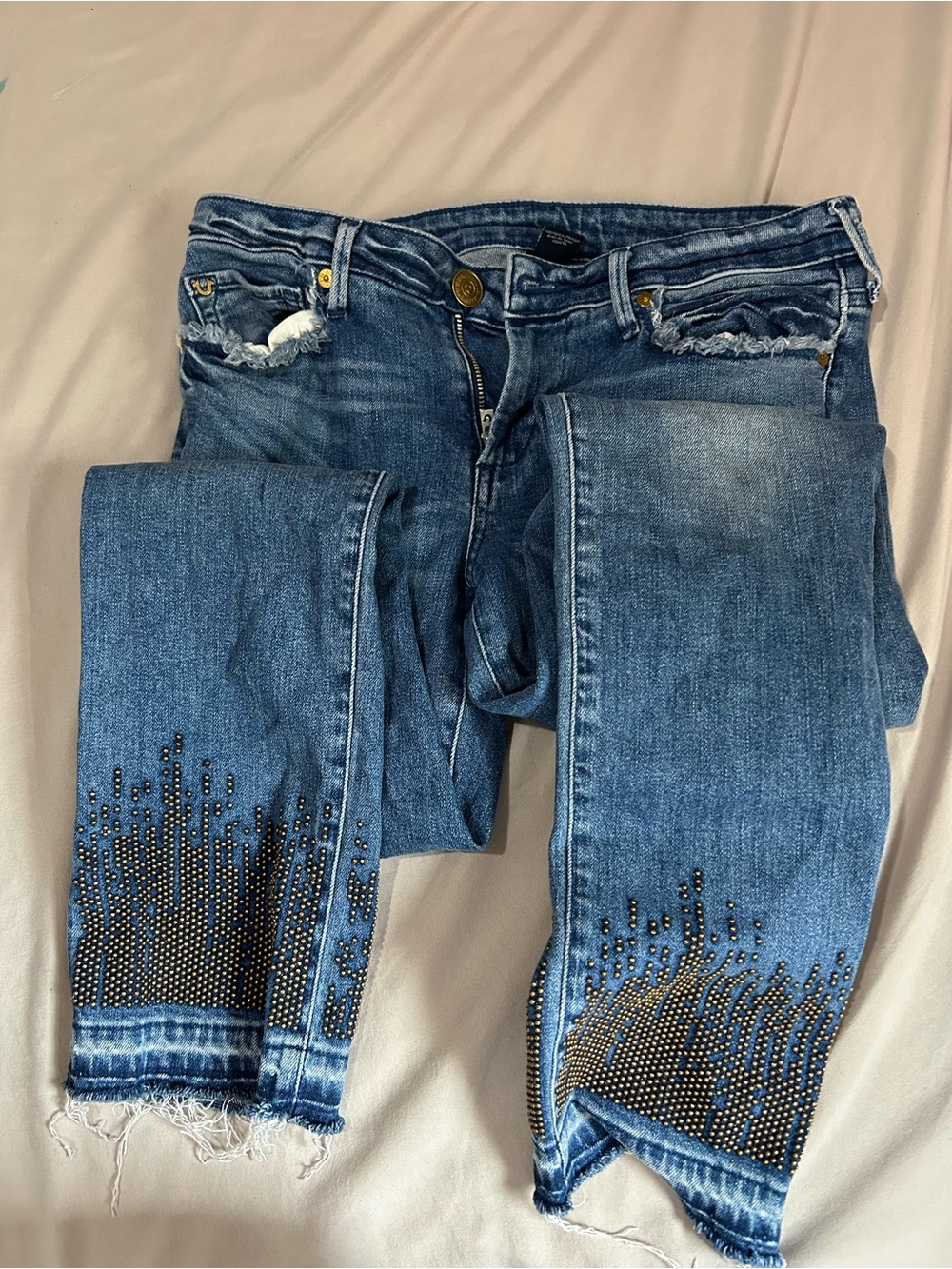 True Religion Blue Denim Bootcut Jeans with Studded Gradient